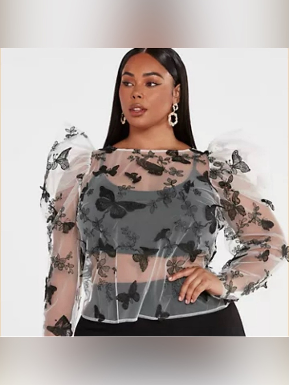 Sheer White Mesh Top with Black Embroidered Butterflies Puff Shoulders